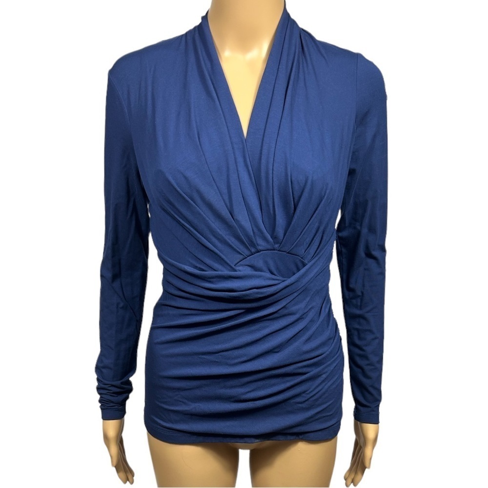 MM Lafleur Navy Blue Wrapped Side Ruched Long Sleeved V-Neck Stretch Top Size S